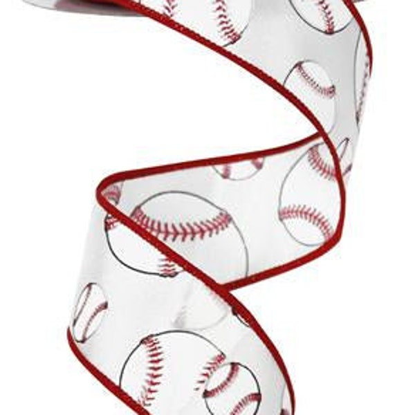 Baseball Wired Ribbon, Red & White Accent  1.5 Inches x 10 Yard, Spring, Summer, Sports, RG1746