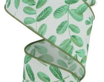 Leaf Print Wired Ribbon: White, Green, and Blue - 2.5" x 10 Yards