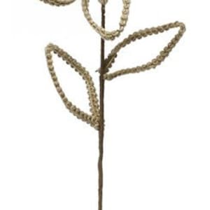 May include: A beige, woven, flower-shaped stem with leaves. The stem is made of natural materials and has a rustic look.