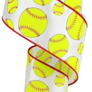 May include: White satin ribbon with a red edge and a repeating pattern of yellow softball designs.