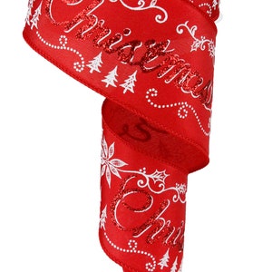 May include: A roll of red Christmas ribbon with white floral and tree designs. The word "Christmas" is written in glittery white script. Festive holiday ribbon for gift wrapping and crafts.