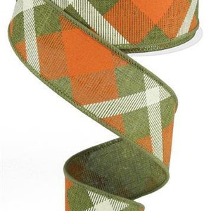 Plaid Wired Ribbon, Green Orange Cream for Making Rustic Natural Fall Wreath Centerpieces, 1.5 Inch x 10 Yard, Easter Spring, Thanksgiving