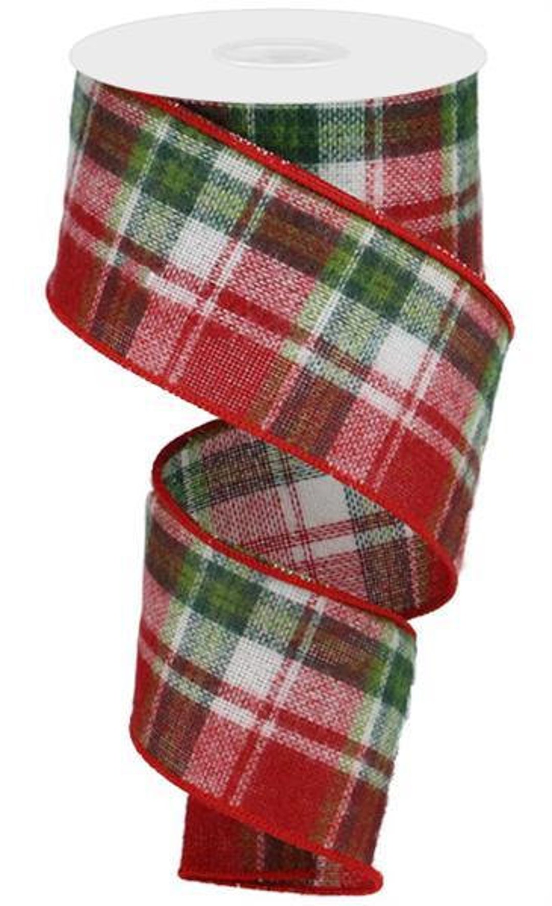 Fuzzy Flannel Plaid Christmas Wired Ribbon, Red & Lime