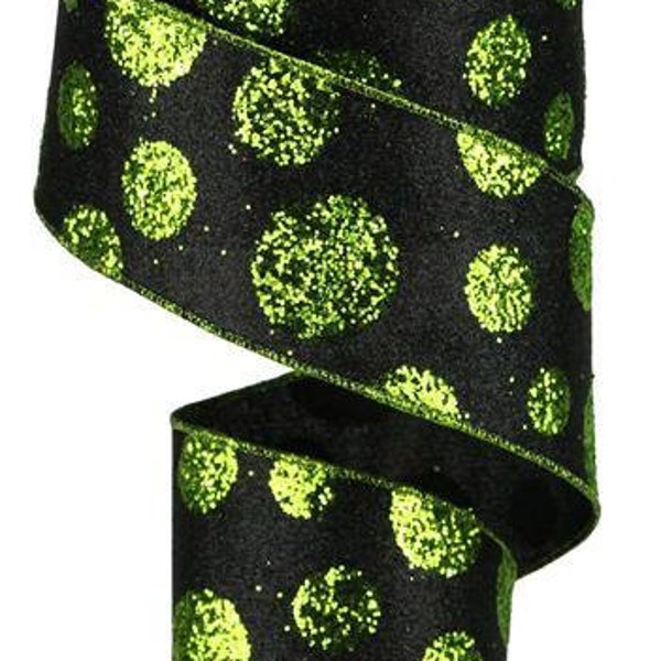 Glitter Polka Dot Halloween Wired Ribbon: Black Lime Green  - 2.5 Inches x 10 Yards - RGA1306YT