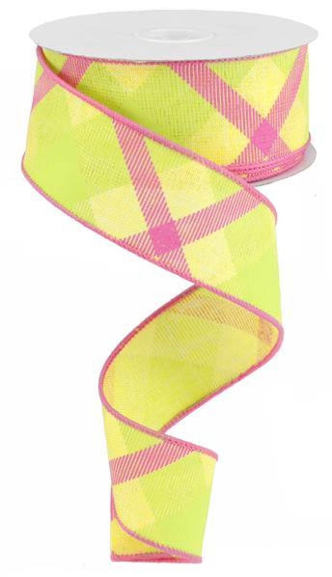 Pink Plaid Pattern Ribbon Pink Yellow Plaid Wired Ribbon, Spring Wreath Bow Supply, 1.5 Inch X ...