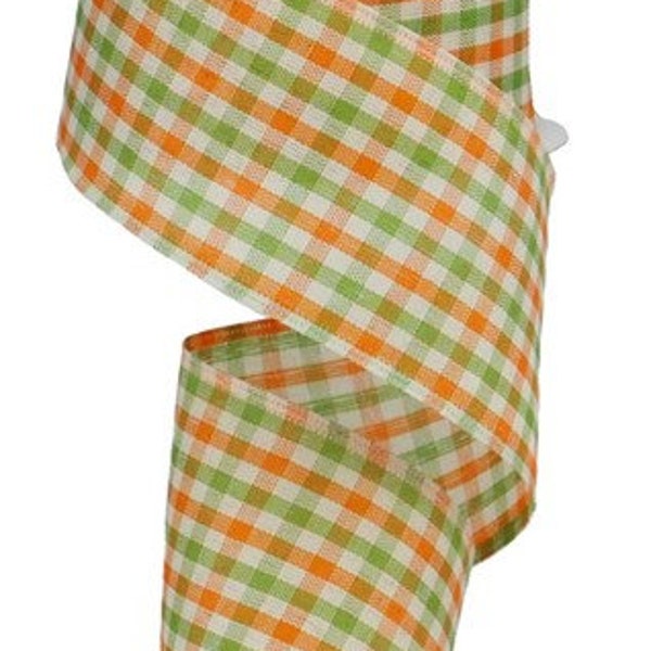 2.5" Woven Gingham Check Wired Ribbon: Orange, Moss, Ivory (10 Yards) - RGA1103K5