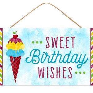 May include: A blue and white ice cream cone with a cherry on top and the text "Sweet Birthday Wishes" on a blue and white background with pink and yellow stripes.