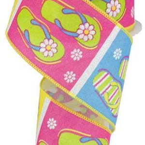 Flip Flops on Royal Wired Ribbon, 2.5 Inches x 100ft, Use to Create Fun and Colorful, Beach Summer Wreath and Bows