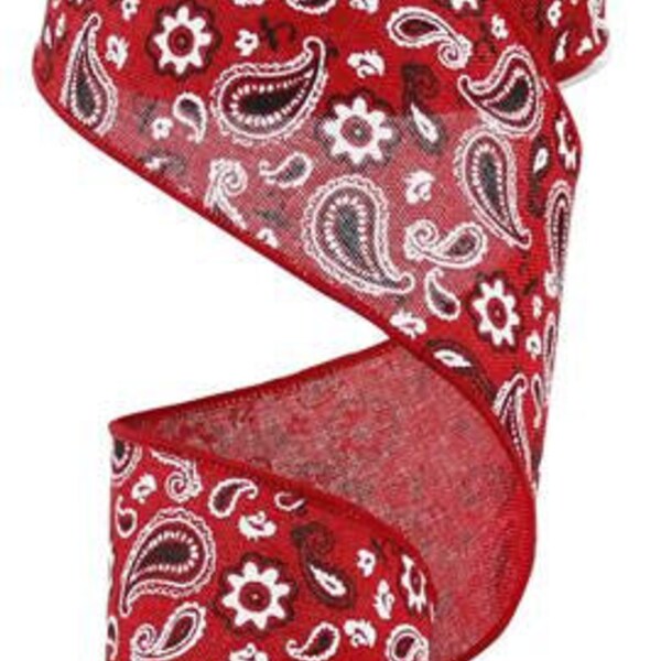 Paisley Wired Ribbon, Red White Black, For Creating Festive and Cheerful Fourth of July Wreaths 2.5 Inch x 50 Yard, Fathers Day, Bandana