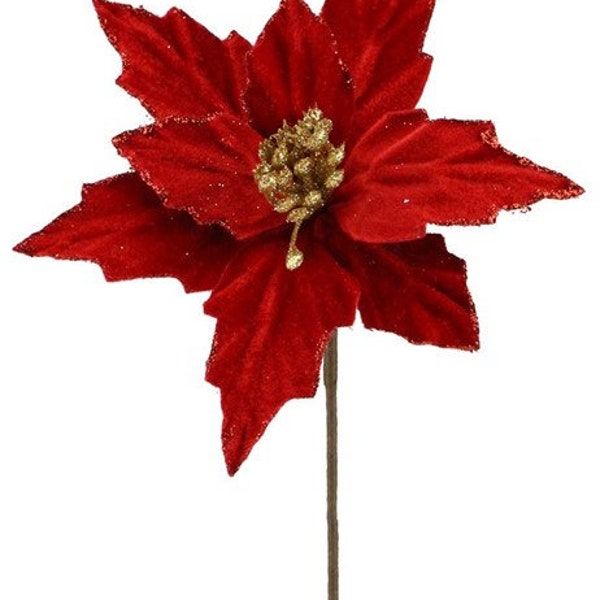 Poinsettia Floral Pick, Wreath Making Supplies, Bows, & Garlands, Red Velvet  8" Long x 6.5" Wide) NF405724