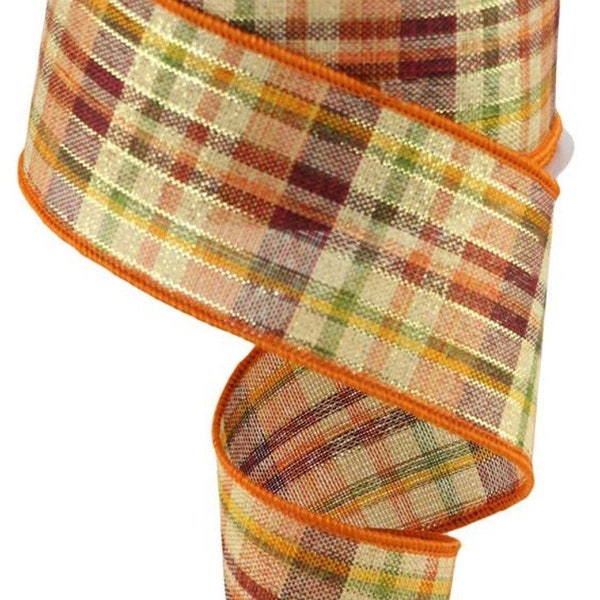 Thanksgiving Plaid Wired Ribbon, Burgundy, Orange & Green For Creating Rustic, Natural Fall Wreaths and Garlands,  2.5 inch X 10 yard