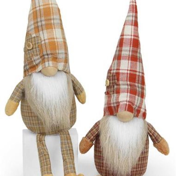 Thanksgiving Gnomes, Fall Mantle Decor, Fall Gnomes for Mantel, Plaid Sitting Gnome Set, Red White Natural Mustard - 11.5" Height  - HA2010