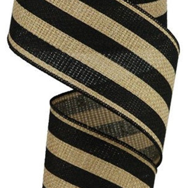 Wired Ribbon, Beige Black Stripe -Gift Bow, Birthday Party & Halloween Wreaths and Bows, 10 Yards 2.5 Inch
