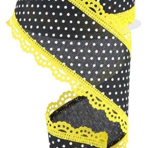 Black and Yellow Ribbon, Lace scallop Edge Wired Ribbon, Cute Bee Ribbon, Yellow and Black Polka Dots, Swiss Dot Ribbons, 2.5&quot; x 10 Yards