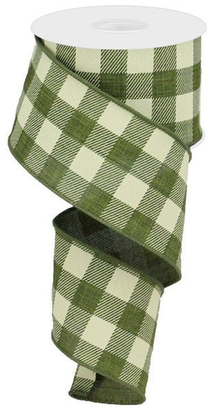 1 1/2 Mini Gingham With Center Stripe Wired Ribbon: Moss Green