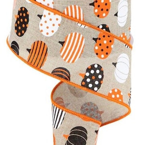 Fall Wired Ribbon - Patterned Pumpkin Canvas Ribbon, Natural, White, Orange & Black, For crafting and decorating - 10 Yds x 2.5&quot; - RGC170518