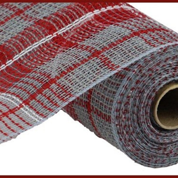 Grey and Red Faux Jute Check Poly Deco Mesh,, 10.5 Inch x 10 Yards (30 feet) RY8331N4