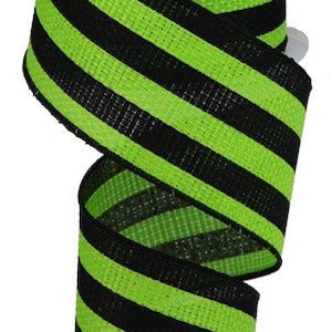 Green and Black Ribbon, Vertical Stripe Wired Ribbon: Lime Green, Black  - 2.5 inches x 10 yards (30feet) - RGA1259LT Halloween