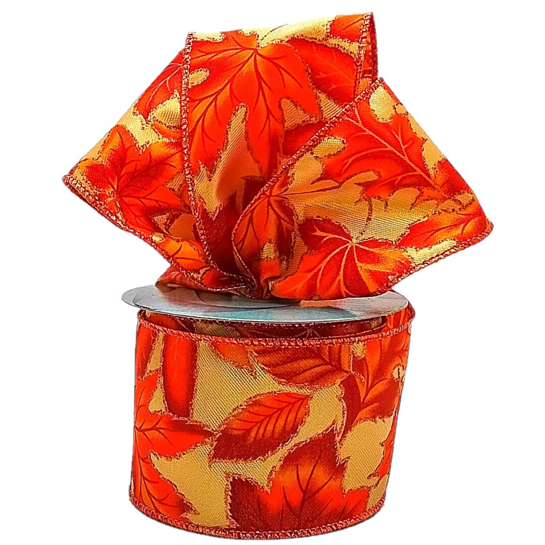Burnt Orange Fall Leaves Wired Ribbon: 2.5