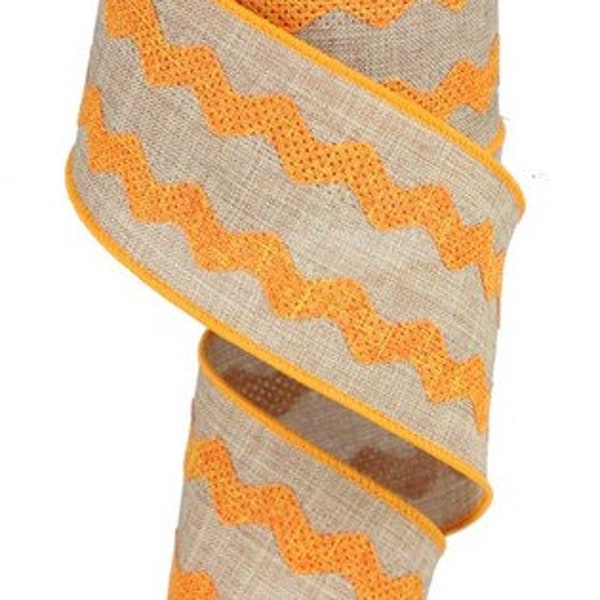 Tan with Orange RicRac Fall  Accent Wired Ribbon, Wreath Supplies, 2.5 Inch x 10 Yard RG200920