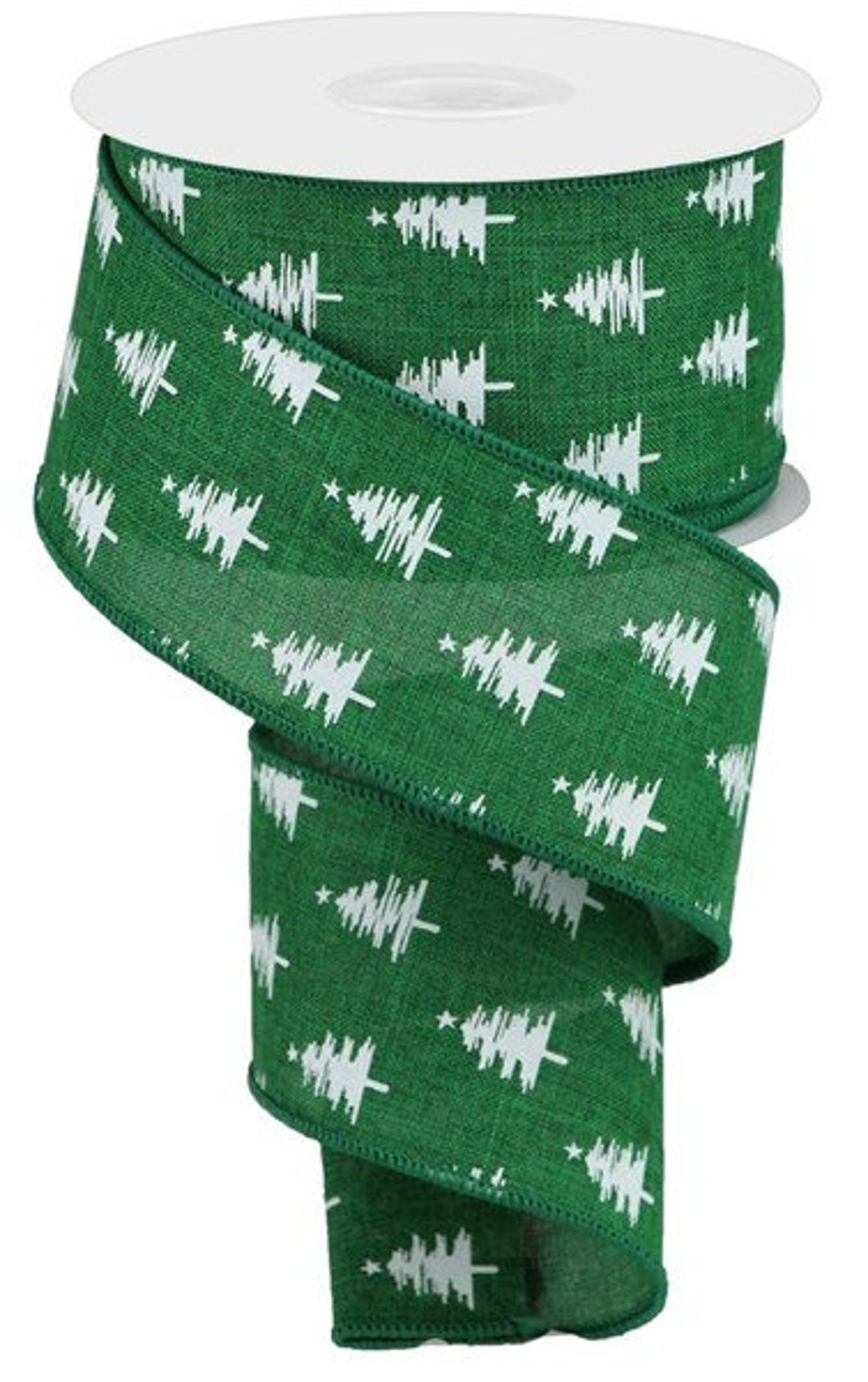 Pine Trees Royal Wired Ribbon -christmas - Emerald &white