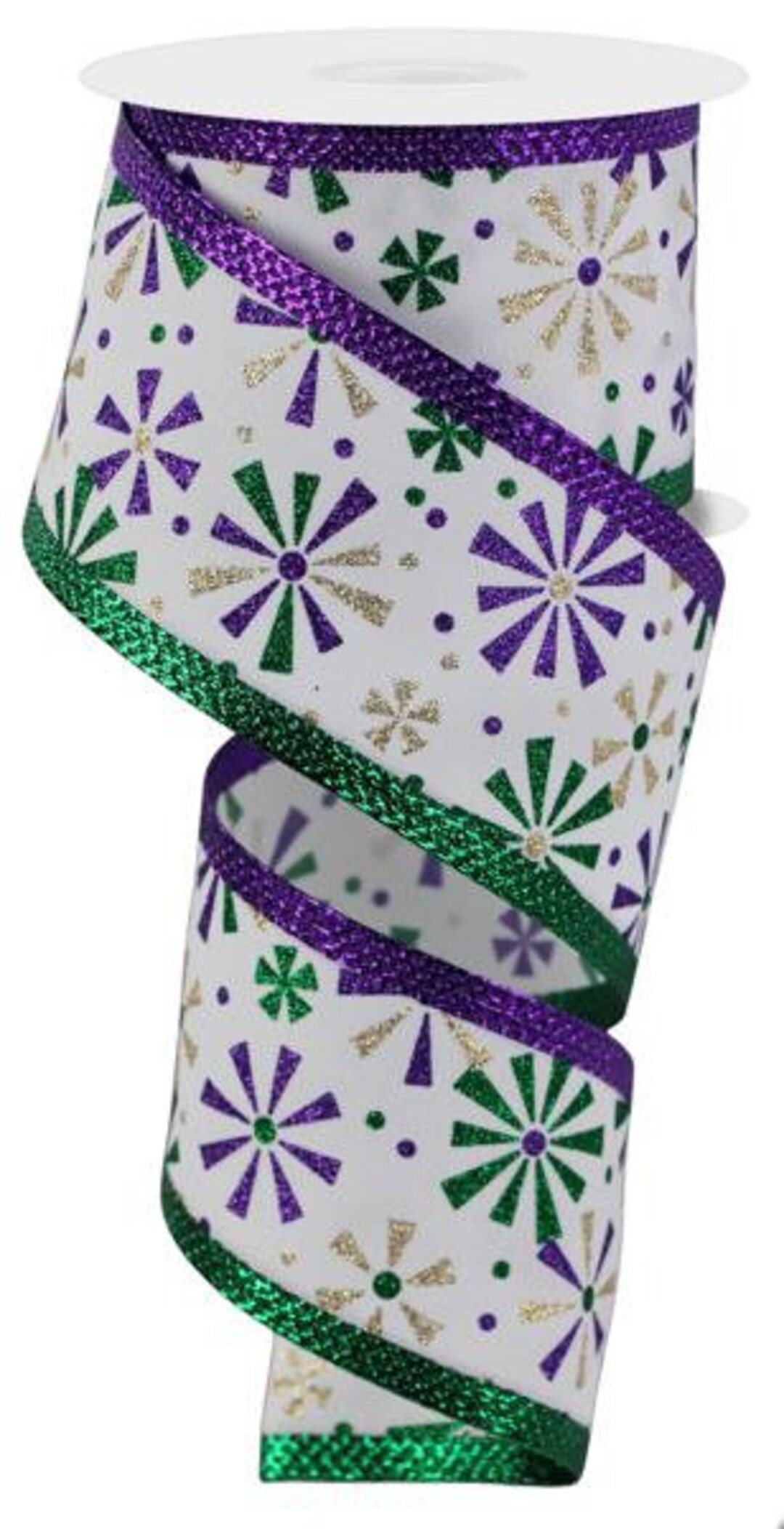 2.5 Inch X 10 Yards Wired Edge Carnival Ribbon - Purple Green Gold Metallic Glitter Ribbon For Carnival Masquerade Party Decoration DIY Crafts Wrap...