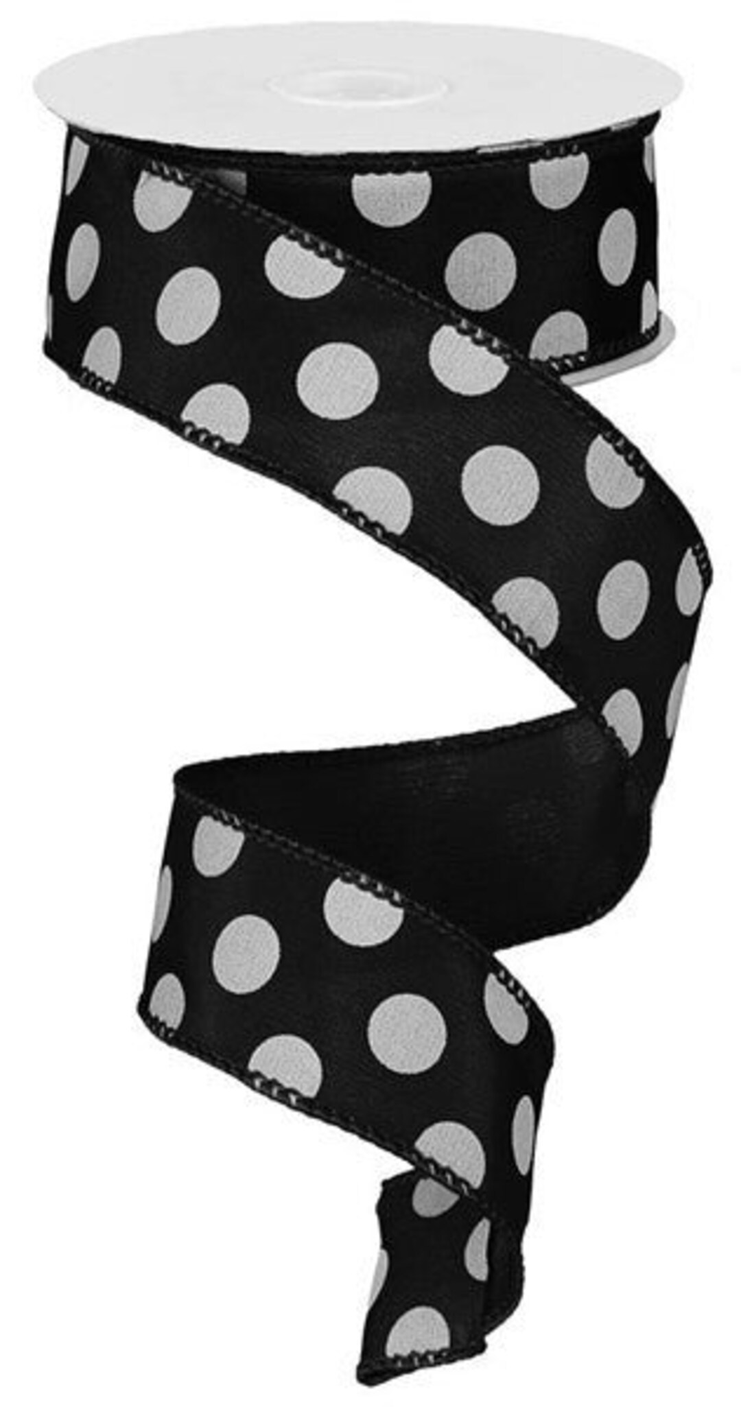 Accent Wired Ribbon, Black & White Polka Dot Halloween, 1.5 Inch X 10