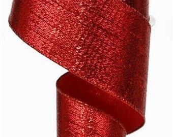 May include: Red metallic wired ribbon with a shimmery finish. The ribbon is rolled up on a spool.