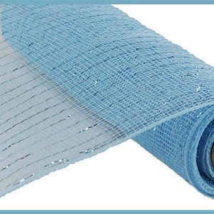 May include: A roll of light blue and silver deco mesh. The mesh is a popular crafting material used for making wreaths, bows, and other decorative items.