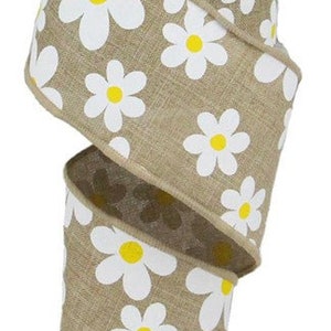 Daisy Wired Ribbon, Beige White, Craft Supply to Make Wreath & Bow, 2.5 Inches x 10 yard, Spring, Summer, Flower, Mother, Easter RG0193501