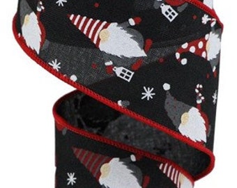 Christmas Gnomes On Wired Ribbon, 2 1/2" X 10 Yd, Santa Gnomes, Multi