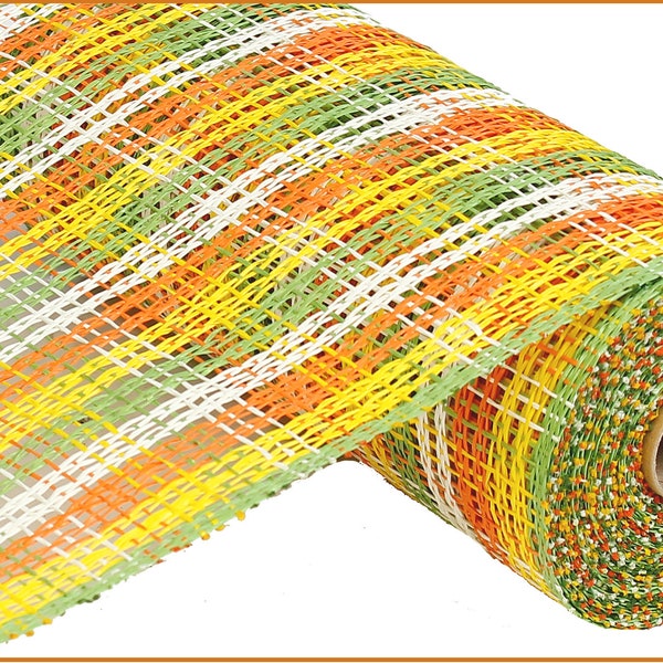 Poly Burlap Deco Mesh - Stripe Check - Yellow, Orange, Cream and Lime - 10 Inches x 10 Yards