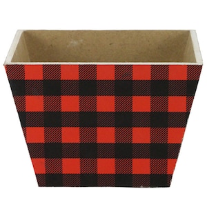 May include: A red and black buffalo plaid planter made of wood. The planter is square with rounded corners and has a wide opening.