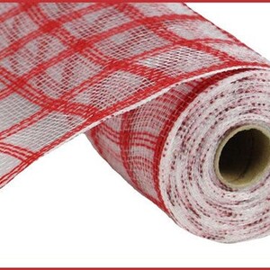 Deco Poly Faux Jute Check Mesh Ribbon: Red - 10.5 Inches x 10 Yards (30 feet) - RY830624