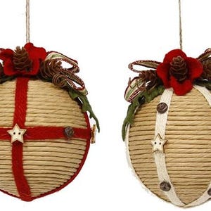 Cord Wrapped Christmas Ornament: Six Sets of 2, Jute, Red -  4 inch - XY7663