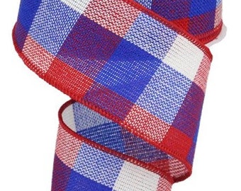 Patriotic Plaid Wired Ribbon: Red, White & Blue - 2.5 inch x 10 Yard