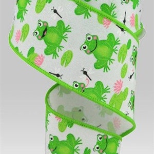 Frog Wired Ribbon, 2.5 inch x 10 Yard, White, Green Pink, Frogs, Lily Pads, Dragonflies RGC120927
