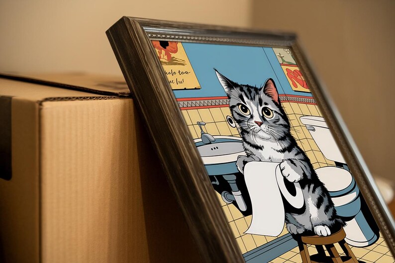 Funny Cat Bathroom Poster | Comic Style Wall Art | Cute Animal Print - Etsy