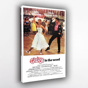 Póster de la película Grease, arte mural de John Travolta y Olivia Newton-John, póster de una película musical de los 70, lámina retro enmarcada.