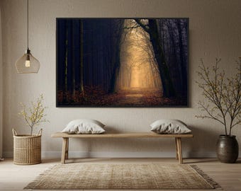 Misty Forest Path Poster – Foggy Woods Landscape Wall Art