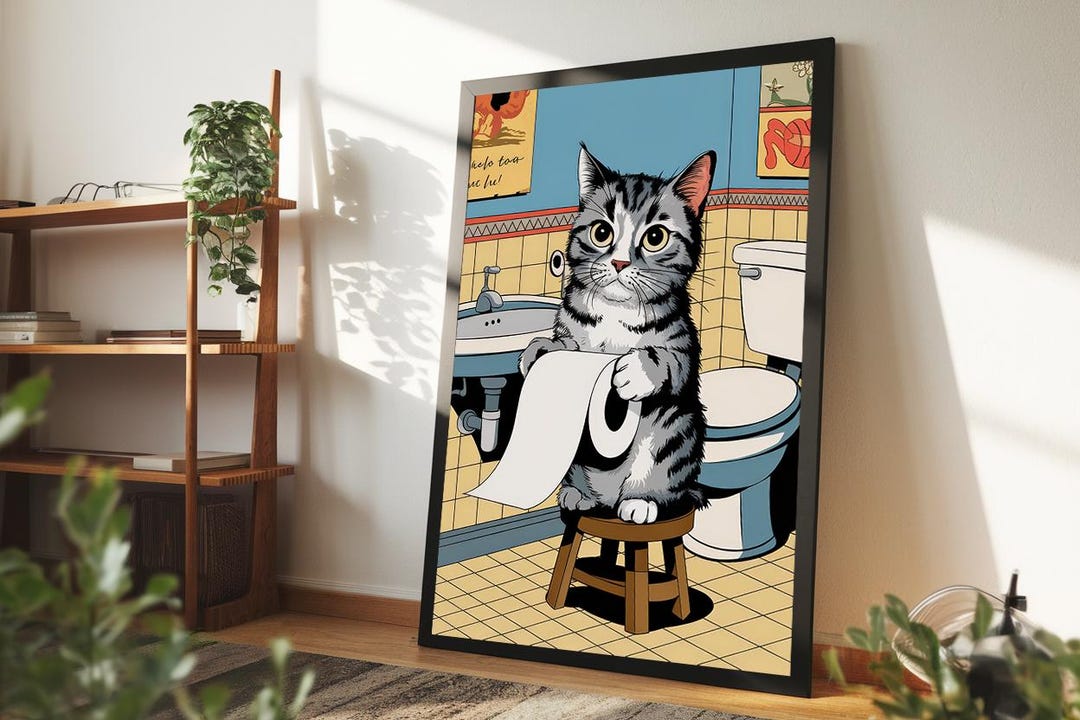 Funny Cat Bathroom Poster | Comic Style Wall Art | Cute Animal Print - Etsy