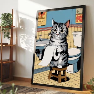 Funny Cat Bathroom Art, Quirky Toilet Paper Cat Print, Cute Kitty Wall Decor, Playful Bathroom Canvas, Cat Lover Gift, Whimsical Home Art