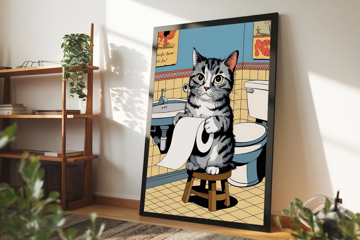 Funny Cat Bathroom Poster | Comic Style Wall Art | Cute Animal Print - Etsy