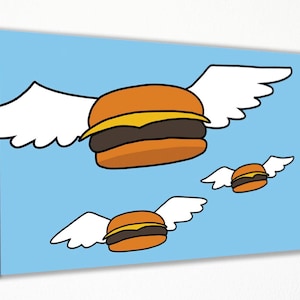Poster di Bob's Burgers, decorazione murale di Flying Burgers, tela di cartone animato, decorazione murale di cibo dei cartoni animati, divertente arte da cucina, tela di Bob's incorniciata