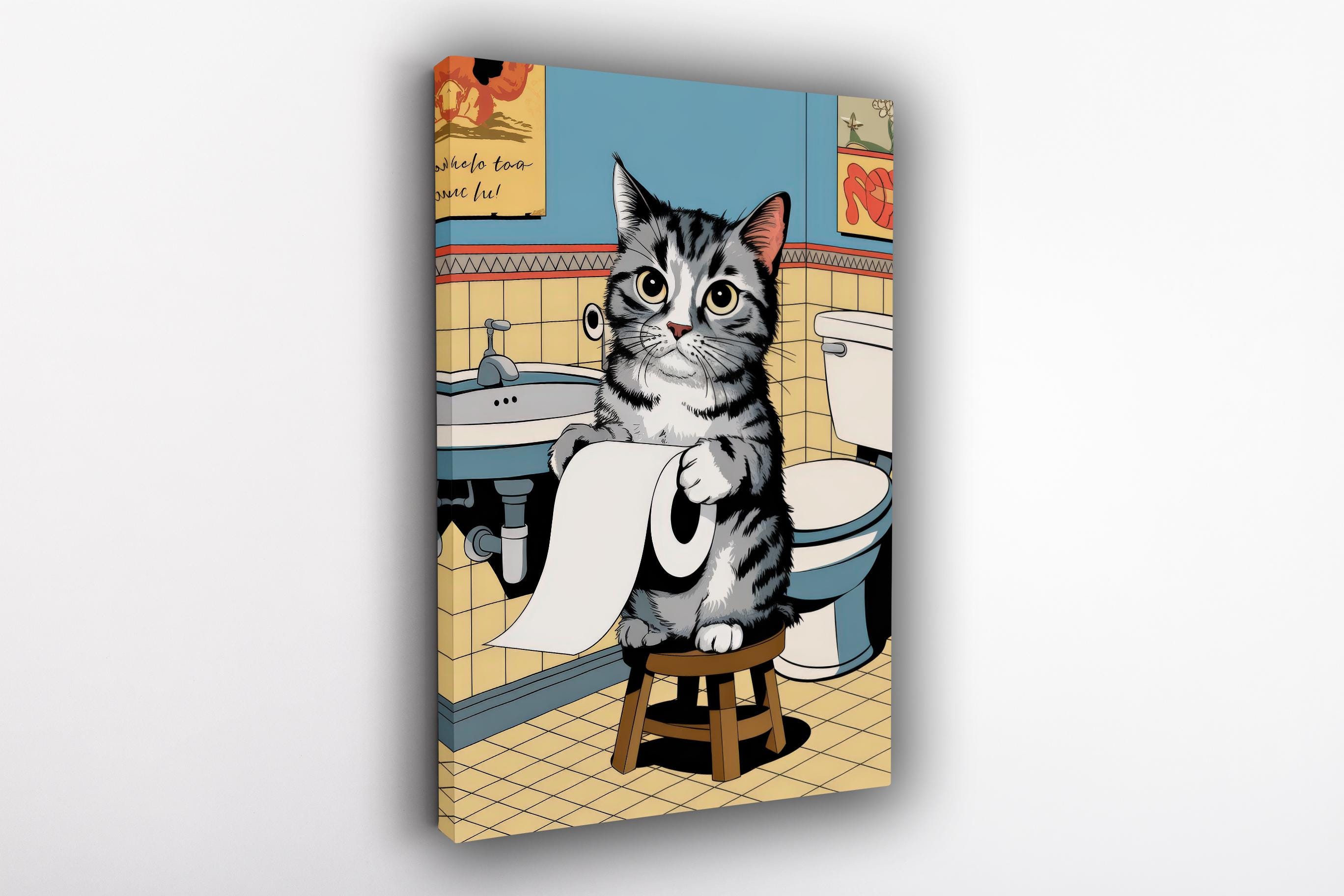 Funny Cat Bathroom Poster | Comic Style Wall Art | Cute Animal Print - Etsy
