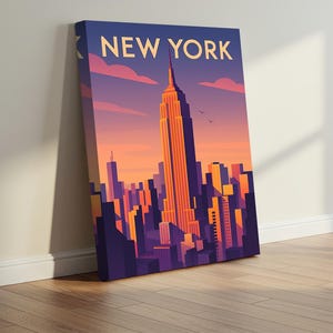 Plakat New York Empire State Building, Retro City Skyline Wall Art, Ilustracja z Zachodem Słońca w Nowym Jorku, Prezent dla Miłośników Miasta I Podróżujących