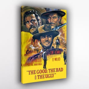 Pode incluir: Um cartaz de filme vintage para o filme "O Bom, o Mau e o Feio" com Clint Eastwood, Lee Van Cleef e Eli Wallach. O cartaz tem um fundo amarelo com um close-up dos três atores em seus papéis icônicos.