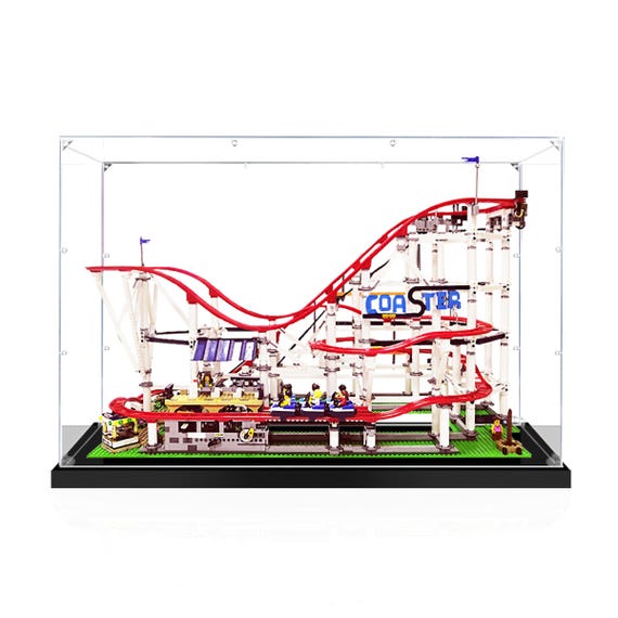 Acrylic Display Case For Roller Coaster 10261 Brick Model, Crystal Clear | Brushed Wood Base | Dust Protection