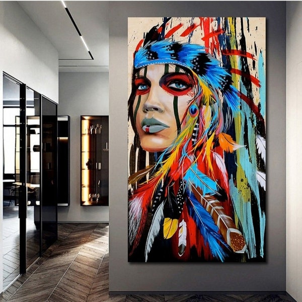 Native American Indian Girl Wall Art Canvas Painting Women,Wall Decor Pop Art,Colorful Feathered Prints Wrapped Canvas  Gift for Living Room