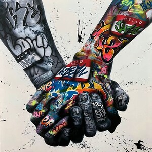 Banksy Hand Street Graffiti Canvas,Unity Hands Art Print Canvas ,Wall Decor, Abstract Pop Framed Artwork, Colorful Home Decor,16 x16 inch